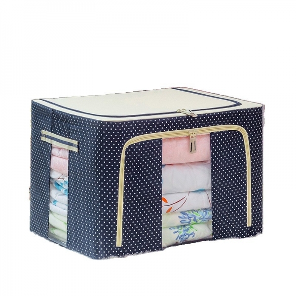 Cutie de Depozitare Pliabila, 24 L, Panza Oxford, 40x30x20 cm, Fereastra Frontala, 2 Usi de Acces cu Fermoar Bidirectional, Cadru Metalic, Suport Baza Stabil din Plastic, Imprimeu buline, Albastru Marin