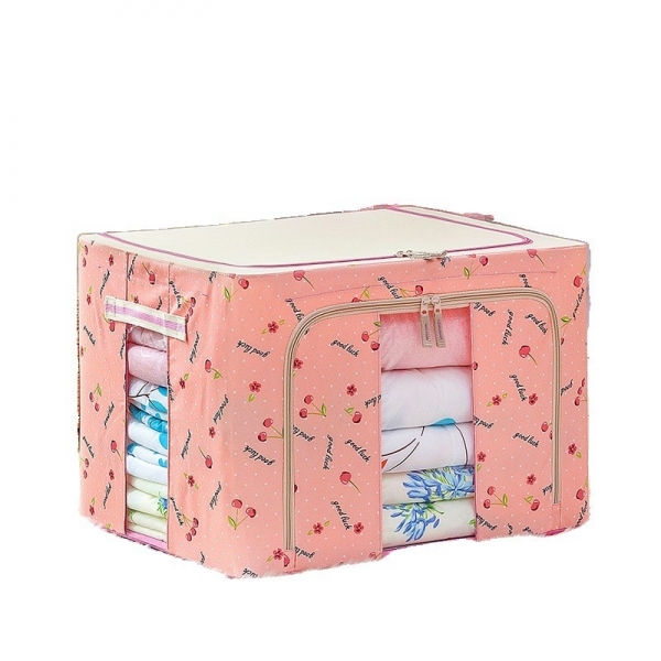 Cutie de Depozitare Pliabila, 24 L, Panza Oxford, 40x30x20 cm, Fereastra Frontala, 2 Usi de Acces cu Fermoar Bidirectional, Cadru Metalic, Suport Baza Stabil din Plastic, Imprimeu Cirese, Roz