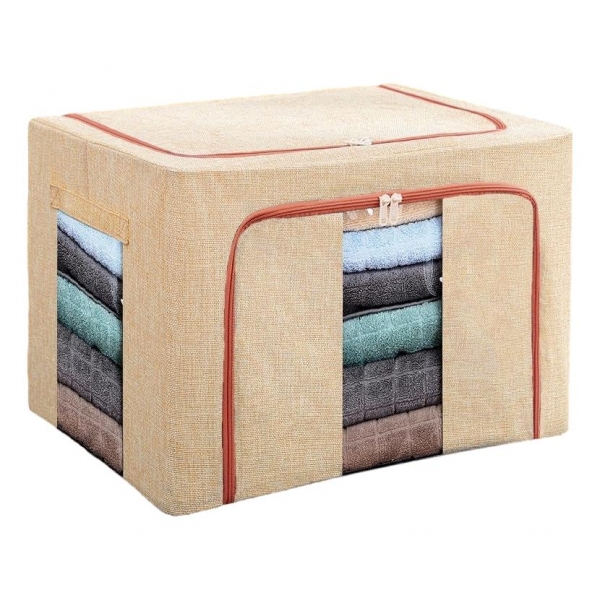 Cutie de Depozitare Pliabila, 24 L, din Bumbac si In, 40x30x20 cm, 2 Ferestre, Frontala si Laterala, 2 Usi de Acces cu Fermoar Bidirectional, Cadru Metalic, Suport Baza Stabil din Plastic, Bej
