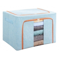 Cutie de Depozitare Pliabila, 24 L, din Bumbac si In, 40x30x20 cm, Fereastra Frontala, 2 Usi de Acces cu Fermoar Bidirectional, Cadru Metalic, Suport Baza Stabil din Plastic, Bleu