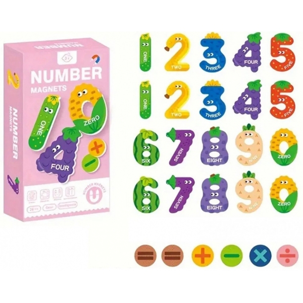 Joc educativ, Set 20 cifre magnetice, model fructe, din carton laminat, 6.5 x 2.5 cm, 3+ ani, Multicolor