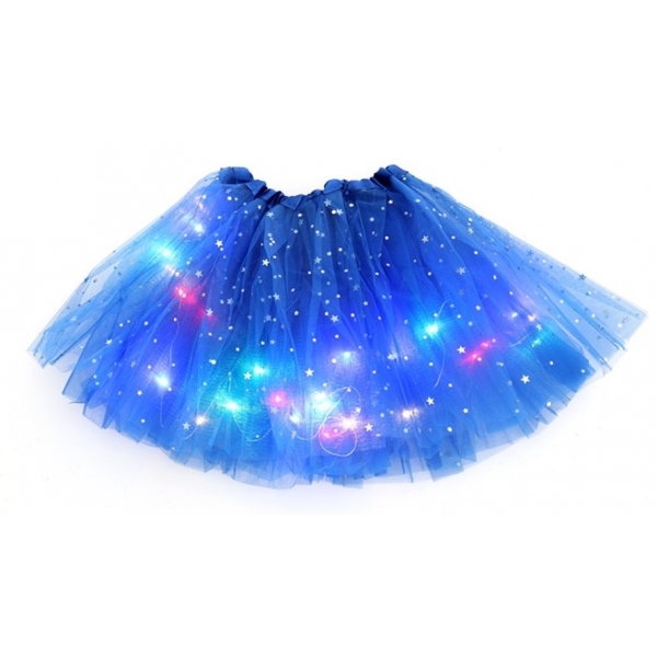 Fusta led pentru copii, tutu de balet pentru fetite cu luminite multicolore incorporate, model stelute, 30 cm lungime, albastru