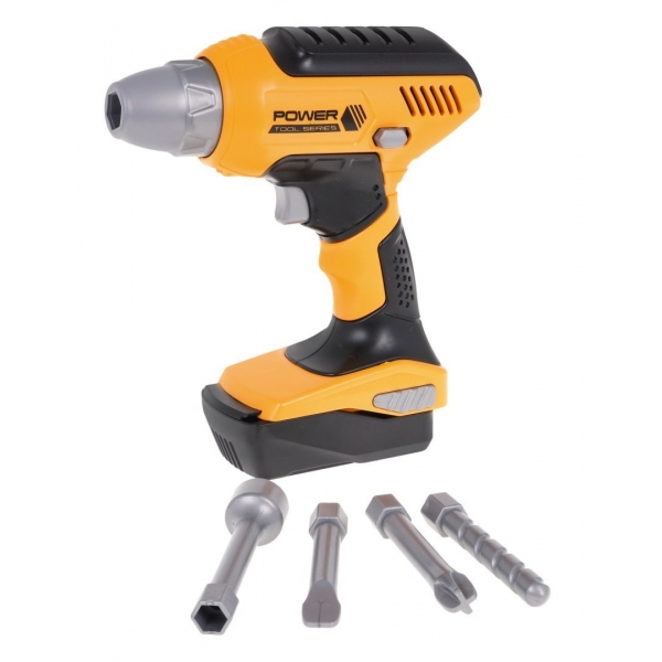 Bormasina electrica pentru copii, cu accesorii, 4 capete interschimbabile, lumini si sunete realiste, 3 ani+, Galben