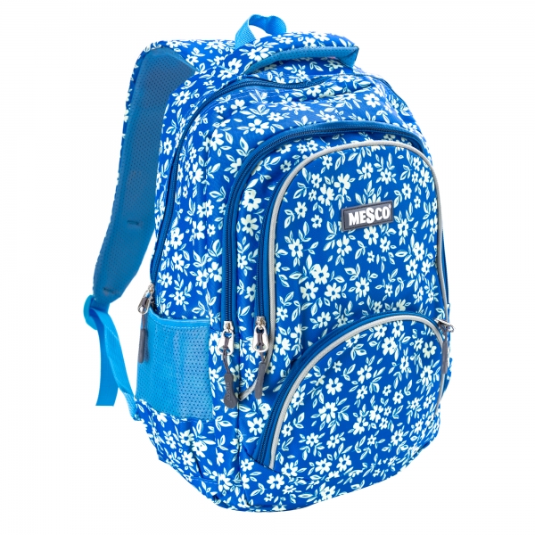 Ghiozdan scoala Mesco, Floricele, 4 compartimente si penar, Albastru, 44 x 32 x 16 cm