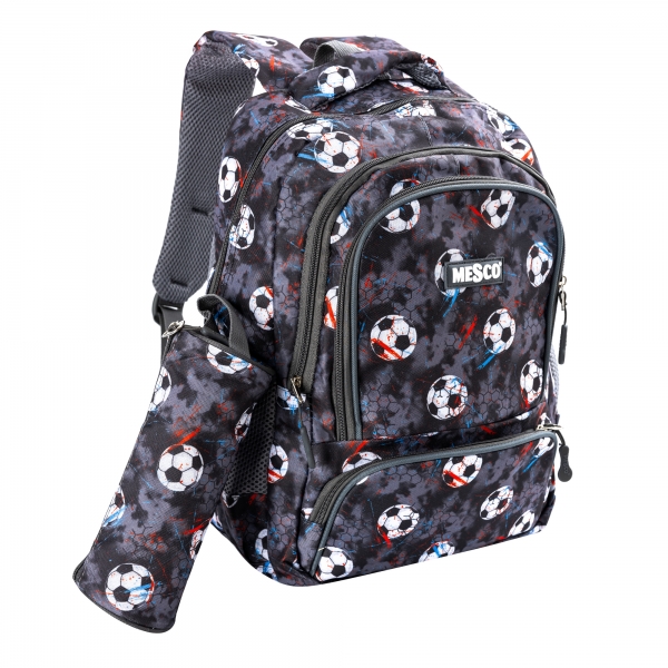 Ghiozdan scoala Mesco, Model Fotbal, 4 compartimente si penar, Gri Multicolor, 44 x 32 x 16 cm
